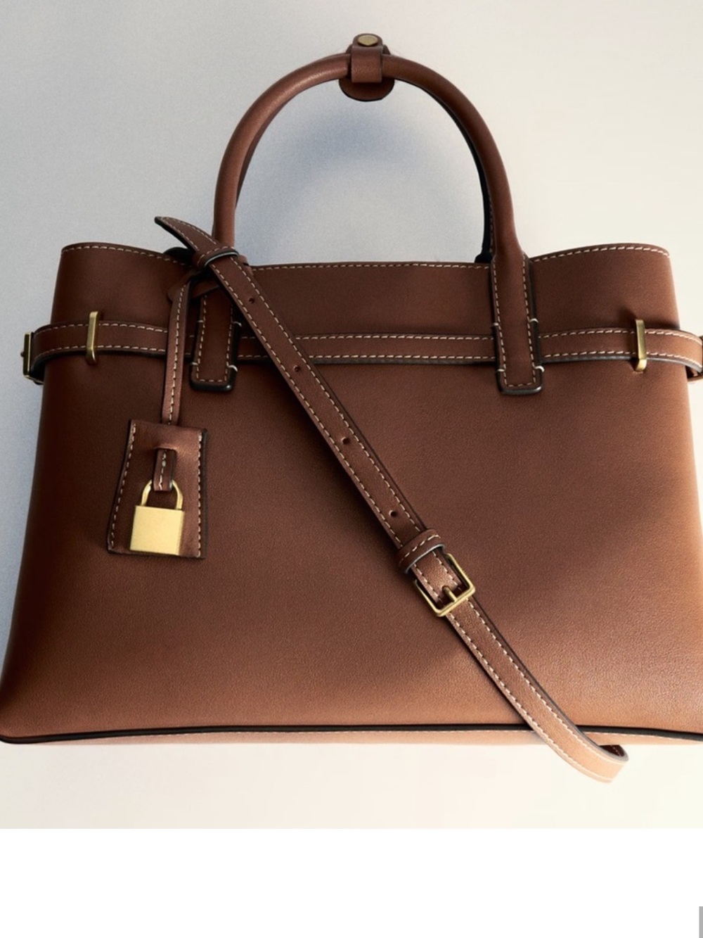 Mango Tan Structured Satchel with Gold Hardware
